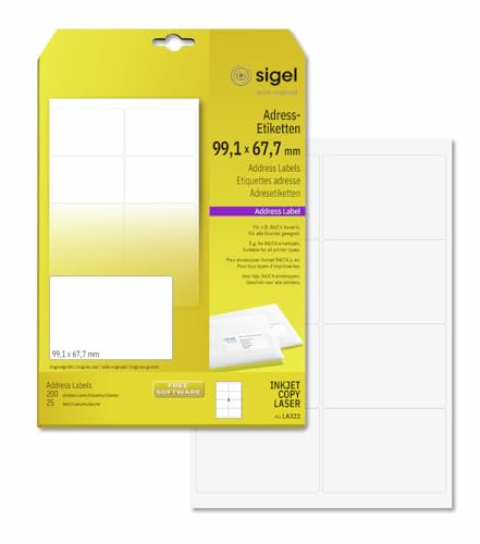 SIGEL LA322 abgerundete Adress-Etiketten selbstklebend, bedruckbar, weiß, 99,1 x 67,7 mm, 200 Etiketten = 25 Blatt