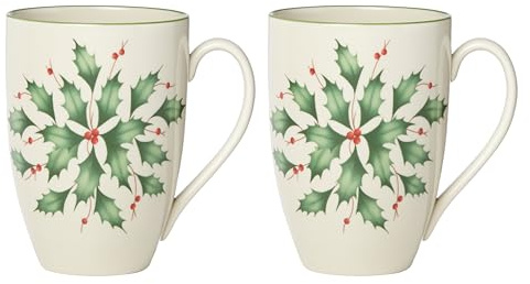 Lenox Coffee Mugs, Hosting The Holidays 2-Piece Holly 14 Oz Mug Set, Ivory Porcelain, Dishwasher and Microwave Safe, Christmas Holly Drinkware Set, Christmas Decorations (White/Green, 14 Oz, 2 Pieces)
