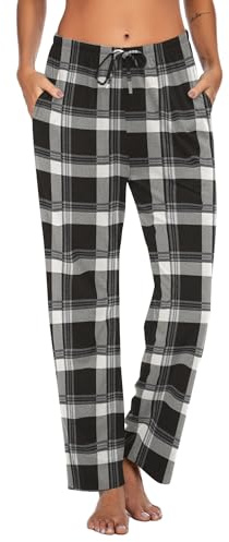 Ekouaer Women Pajama Pants Comfy Pj Bottom with Pockets Stretch Plaid Sleepwear Black and White Plaid Medium