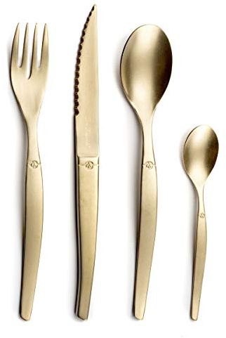 LOU LAGUIOLE Jet - Ménagère avec couverts de table pour 4 personnes, 16 couverts, Acier inoxydable 18/0, Fourchettes, Couteaux, Cuillères table et Cuillères à café - Finition PVD mat - Champagne