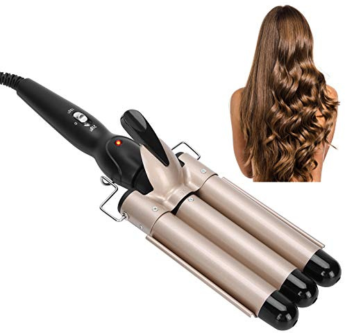 Electric Hair Curler, 3 Barrel 25mm Hair Waver Curling Iron Wand Tourmaline Ceramic Fast Heating Hair Crimper Curling Tongs Crimping Bubble Styling Tool for Long Hair(US-GOLD)