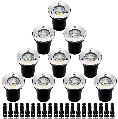 ELEGLO Low Voltage Landscape Lighting,LED Well Light Outdoor 12-24V AC/DC In-Ground Lights IP67 Waterproof Warm White Paver Lights with Wire Connector for Pathway,Fence (5, watts)