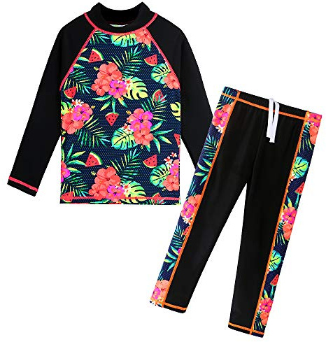ZNYUNE Mädchen Zweiteiliger Badeanzug Stoffdruck Kinder Badebekleidung Lange Ärmel + Hosen Schwimmanzug 301 BlackFlower 14A