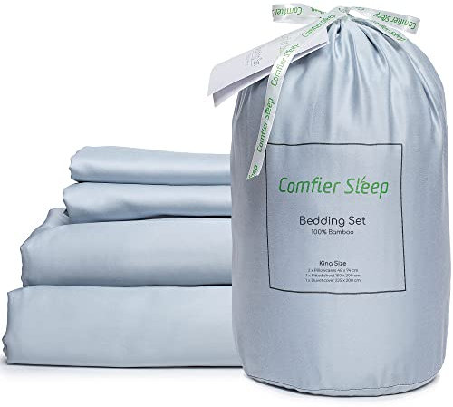 Comfier Sleep Bamboo Bedding – 4 Piece Organic Bamboo Sheets with Fitted Sheet 150x200cm Duvet Cover 225x200cm and 2 Pillowcases – Soft Breathable Grey Bedding King Size