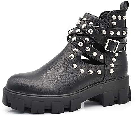IF Fashion Scarpe da Donna Stivali Stivaletti Biker Fibbie Borchie Primaverili Traforati GR-6608 nero N.36