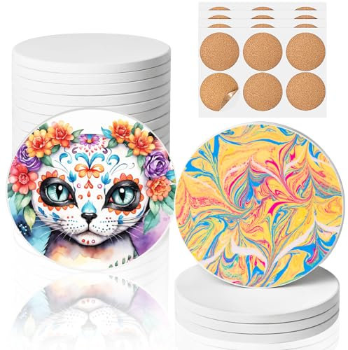 Ceramic Tiles for Crafts, GOH DODD 24 Pack Unglazed Blank Coasters Paint Your Own Coasters with 24 Cork Backings for Alcohol Ink, Painting, Acrylic Pouring, Art Projects, Round, 4 Inch