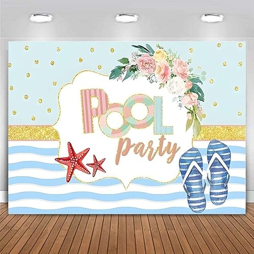 Sommar pool fest bakgrund blå vatten våg guldprickar blommig havsstjärna för flicka födelsedag banderoll livboj baby shower bakgrund