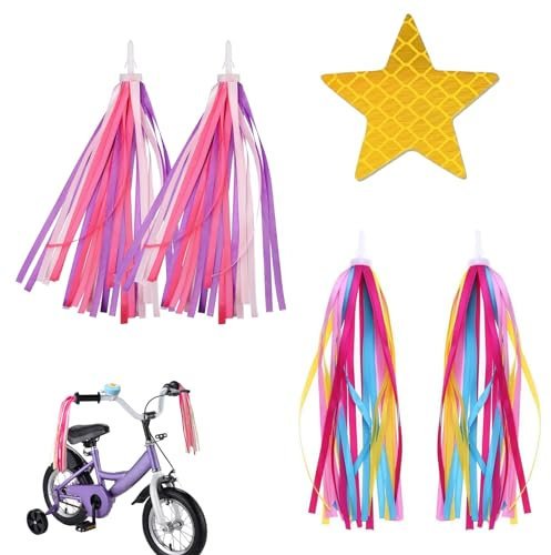 KARELLS Serpentinas para Manillar,Bicicleta Manillar Cintas,niños Serpentinas para de Scooter,Accesorios para Bicicletas para niñas y niños 2pc,con Pegatinas Reflectantes 1pc (1, Rosado+Coloreado)