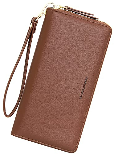 GEEADNB Langformat Geldbörse für Damen, PU Leder Portemonnaie Gross Reißverschluss Telefon Geldbörse Frauen Armband Geldbörse Lange Clutch Geldbörse (Coffee)