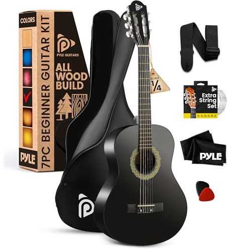 Pyle Kit Chitarra Acustica per Principianti, Strumento Tutto in Legno di Misura 1/4 Junior per Bambini, Adulti, 76,2 cm Nero Opaco
