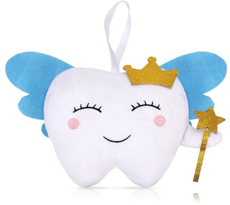 Tooth Cute Fairy Pillow with Wings & Pocket, Embroidered Tooth Bag/Pouch Small Smile Fairy Lost First Gift (Blue)