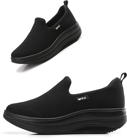 Oude All Black Women Slip On Sneakers Lightweight | Womens Orthopedic Work Shoes Easy On | 2 Inch Rocker Bottom Size 6.5