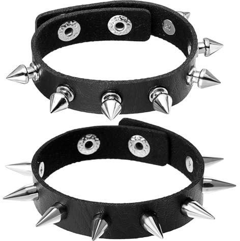 Telooco 2 Stück Schwarz Nietenarmband Rock Punk Armband mit Nieten Verstellbare Halloween Armbänder Punk Leder Nietenarmband Gothic Punk Armband Nieten mit Metallnieten Schmuck für Herren Damen