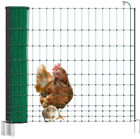 VOSS.farming Geflügelnetz 50m 122cm hoch Basic - Hühnerzaun elektrifizierbar, 14 stabile Pfähle mit Doppelspitze, grüner Geflügelzaun, Flexibler Zaun, mobiler Begrenzungszaun für Hühner, Haustiere