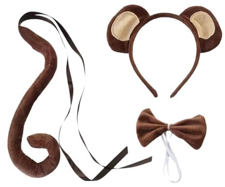 SLAXJNE 3-Teiliges Affenkostüm-Set, Tierkostüm-Set, Show-Affenkostüm-Set, Affenschwanz, Affen-Fliege-Stirnband