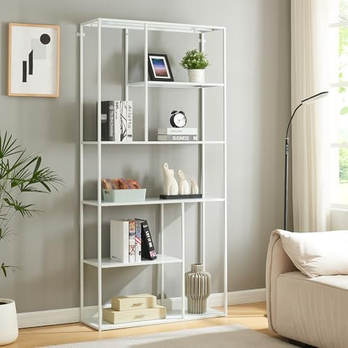 [en.casa] Standregal Vehmaa Bücherregal mit 7 offenen Fächern 90 x 30 x 188 cm Metallregal für Wohnzimmer Schlafzimmer Weiß Regal stehend