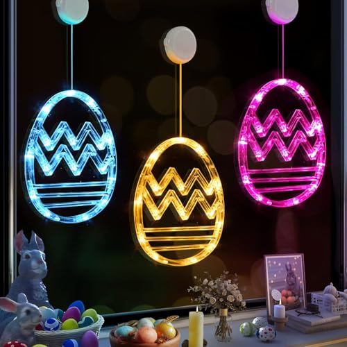 3 stycken påskdekorationer LED fönsterdekoration påskljusslinga, påskhare, påskhare, fönsterlampor med sugkopp och timer, batteridriven, påskdekoration för användning på