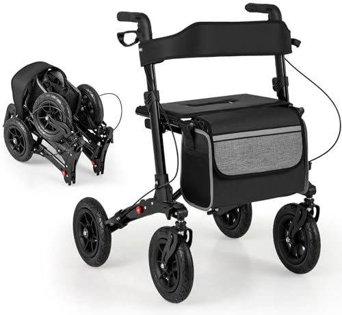 HOMASIS 2 in 1 Deambulatore per Anziani con Seduta, Deambulatore Pieghevole e Regolabile in 7 Altezze, Carrello Rollator in Alluminio per Anziani da Viaggio con Borsa, Fino a 140 kg (Nero)