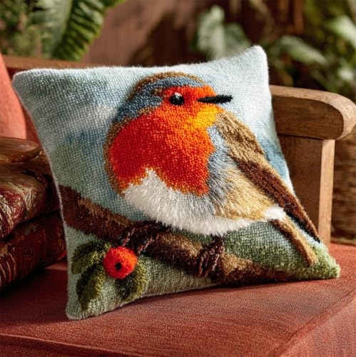Taxpy Animal Latch Hook Kit Cushion,Robin On A Branch,17X17Inch Pre-Printed DIY Pillow Materials Hooks Knitted Embroidered Pillow Embroidery Latch Hook Carpet for Adults