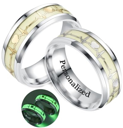 Ihanskio Personalized ECG Frosted Couple Rings His Her Engagement Wedding Bands Gift Birthday Matching Custom Made Stainless Steel-A PAIR (Multicolor)