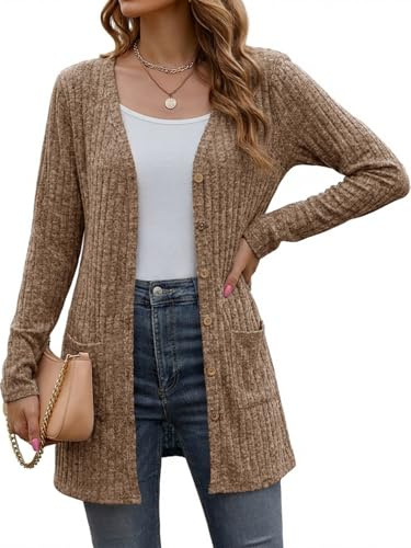 Cicy Bell Cardigan lungo da donna, a maniche lunghe, con tasca aperta sul davanti, marrone, M