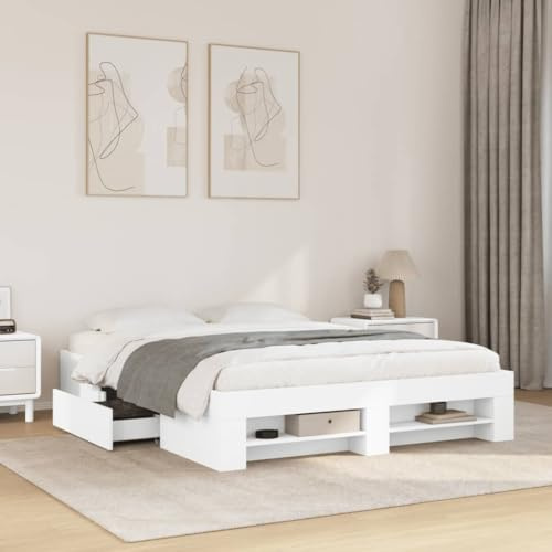 Woonisher Estructura de Cama con cajones y Compartimentos Abiertos, Cama con somier de Madera con Base de láminas, Conjunto de Dormitorio Completo 150x200 cm Blanco para organización