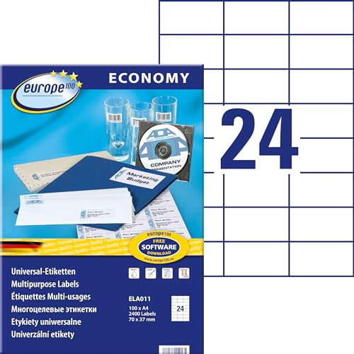 Europe100 Art. ELA011 Adressaufkleber (2.400 Klebeetiketten, 70x37mm auf A4, Papier matt, individuell bedruckbar, selbstklebende Adressetiketten, kompatibel zu AVERY 3474) 100 Blatt, weiß