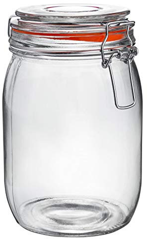 Argon Tableware Glass Jar with Airtight Metal Clip Lid - 1000ml/33.8oz - 1 Pack - 4 Colour Seals - Large Kitchen Storage Container Round Preserving Jar for Pickling, Chutney, Jam, Coffee