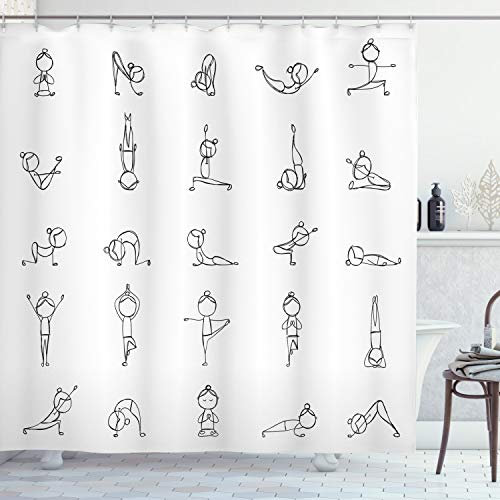 ABAKUHAUS Yoga Duschvorhang, Stickman Yoga Moves, Stoffliches Gewebe Badezimmerdekorationsset mit Haken, 175 x 180 cm, Schwarz Weiß