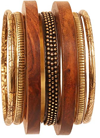 Touchstone wooden women bamboo wood jewelry african bangle bracelets gold bangles brown boho accessories chunky vacation brass statement natural rustic Indian bollywood handcrafted. Set of 7
