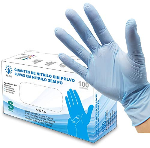 Guantes de Nitrilo Sin Polvo - Talla S - AQL 1.5 Guantes Desechables Ambidiestros Reciclables. Ideales para uso de alimentos, limpieza, bricolaje, belleza, industrial y sanitario. Color Azul