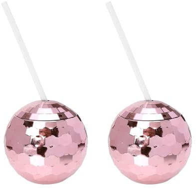 TOPBATHY 2 StüCk Discokugel Becher Mit Strohhalm, Glitzernd, FüR Party, Bar, Nachtclub, Strand, Hawaii, 10.5 Cm, Rosegold