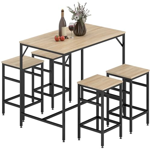 HOMCOM Juego de Mesa y Taburetes de Bar, Mesa Alta de Cocina con 4 Taburetes Industrial, con Reposapiés, Ahorro de Espacio, para Espacios Reducidos, Comedor, Salón, Roble