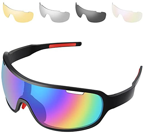 SAWUTPV Polarisierte Fahrradbrille für Männer und Frauen UV400-Schutz Sport-Sonnenbrille mit 5 austauschbaren Gläsern Fahrradbrille (hellschwarz)