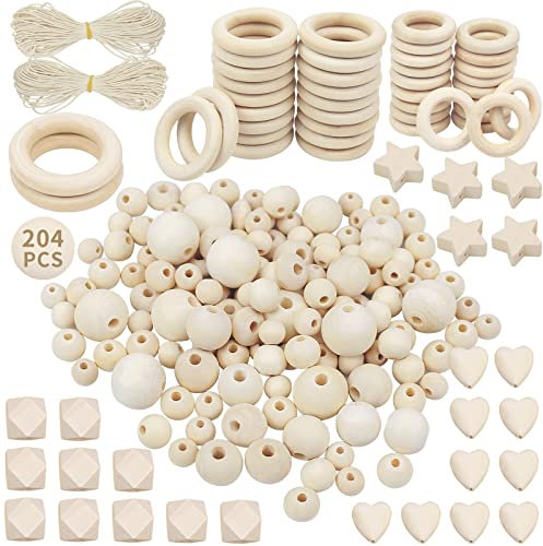 packra Holzperlen Holzringe Set 204 Stück, Holzperlen zum auffädeln Natur, Holzkugeln mit Loch und Holzringe zum Basteln DIY Makramee, Runde Holz Perlen für Schmuck Zubehör