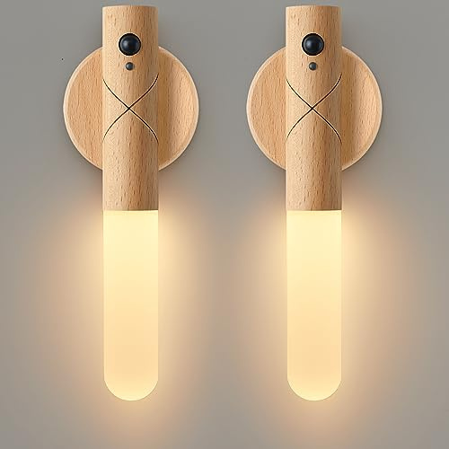 RILYNNERA Battery Operated Wall Sconce Set of Two, Motion Sensor Night Light Magnet Body Rechargeable Battery Operated Wall Lights, Peel and Stick Sconce Lights for Bedside Stair