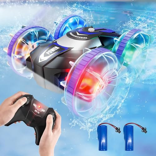 Ipflin Ferngesteuertes Auto mit LED Licht, 4WD 360° Drehbarer Wasserdichter Amphibienfahrzeug Ferngesteuert, 2.4Ghz 15KM/h RC Auto Spielzeug für Jungen Mädche ab 3 Jahren Weihnachten Geschenke