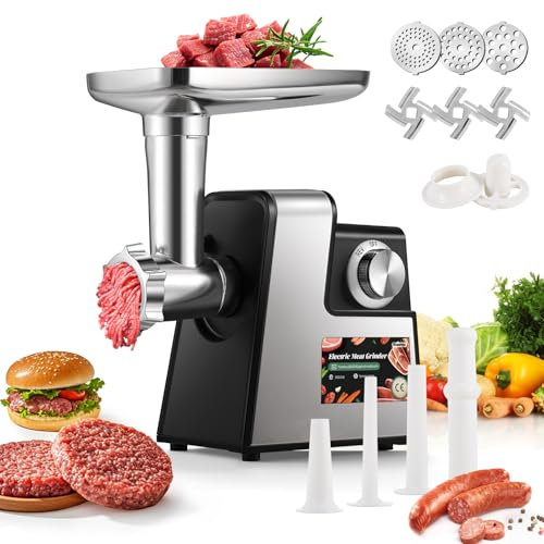 Huanyu Picadora Electrica Picadora de Carne Eléctrica Multifunción Picadora Electrica de Alimentos Con Embutidora de Chorizos Trituradora de Carne con 3 Cuchillas y 3 Placas de Corte