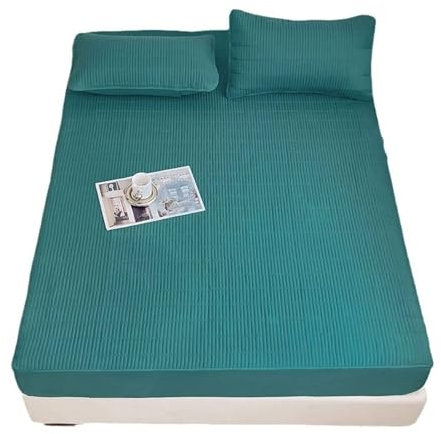 Mesnt Spannbettlaken Spannbetttuch, 150 x 190cm Polyester-Baumwolle Einfarbig Einfach strukturiert Bettwäsche Spannbetttuch mit 2 Kopfkissenbezügen Matratzenschoner, Dunkelgrün