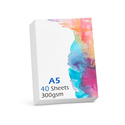 A5 Watercolour Paper, 40 Sheets 300GSM/140lb Cold Pressed Cotton Watercolour Paper Sheets, Natural White Art Paper for Watercolour, Gouache, Acrylic, Drawing & Mixed Media