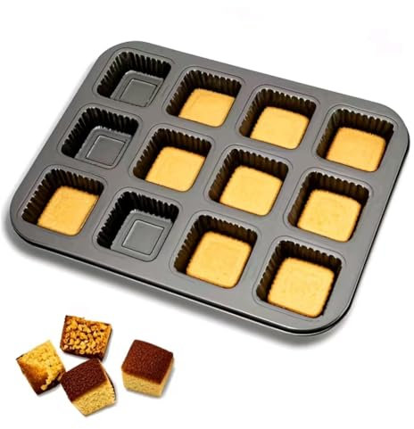 OlBuWa Stampo Madeleine, 12 Cavità Stampo Muffin, Antiaderente Teglia Per Torta Brownie, Riutilizzabili Acciaio al Carbonio Stampi per Muffin Cupcakes Brownies, Nero
