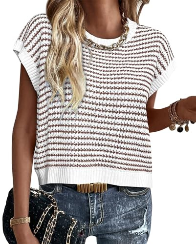 PRETTYGARDEN Womens Short Sleeve Sweater Spring Summer 2025 Round Neck Striped Pullover Cap Sleeve Knit Sweater Vest Tops(Brown,Medium)
