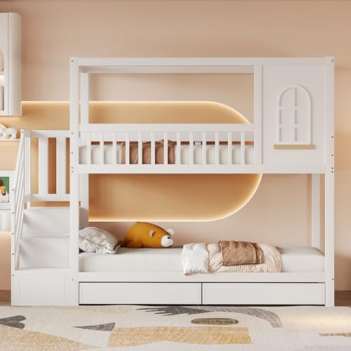 Letto a castello per bambini 90x200cm, letto matrimoniale in legno massiccio, forma a casa con finestre, design con recinzione di sicurezza, con cassetti e scala di sicurezza, letto per ragazzi e