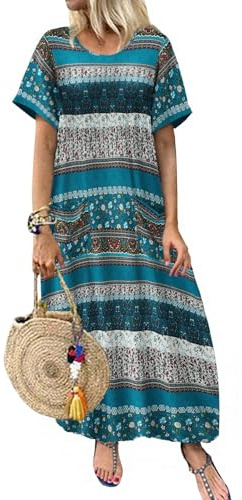 ZANZEA Maxi Dresses for Women Short Sleeve Crew Neck Floral Summer Casual Dresses A Line Loose Oversized Boho Dress with Pockets Floral Print Green XL