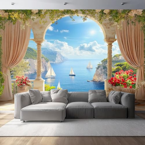 Carta da parati panoramica 300 x 210 cm Mare Naturale Isola Tropicale Carta da parati in tessuto non tessuto per la decorazione delle pareti della camera da letto e del soggiorno Blu