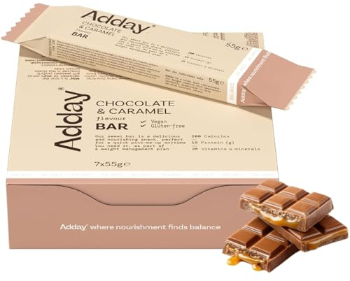 Adday High Protein Meal Replacement Bar Chocolate & Caramel- 7 Ready-to-Eat Snacks- 19g Protein- Low Calorie Total Diet Replacement- Vegan, Gluten Free, Halal