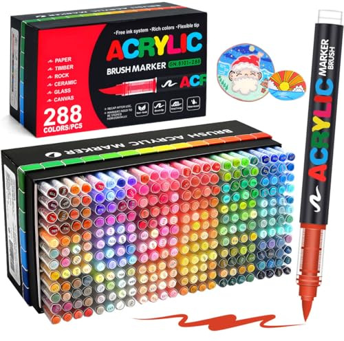 Laconile Akrylmarkörer 288 Färger Professionell Penselspets, Numrerade Vattenbaserade Målarmarkörer för Sten Canvas Trä Glas Keramik, Opaka Konstnärspennor