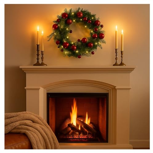 Trendi 40cm Pre-Lit Christmas Wreath with LED Lights – Artificial Xmas Door Wreath for Front Door, Wall & Home Décor – Holiday Garland with Red Baubles & Gold Leaves