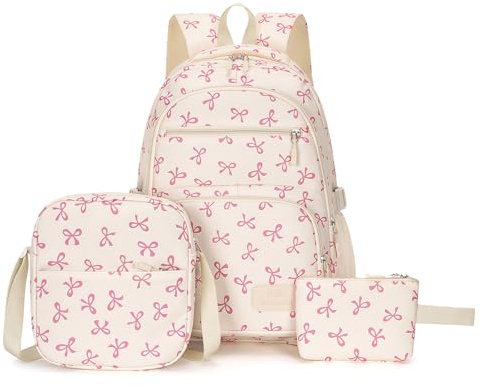 Aucuu Teen pojkar flickor skolryggsäck set, rosa och vit rosett