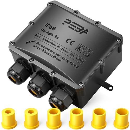PEBA Caja de derivación impermeable IP68 – Conector de cable de 3 vías para cable subterráneo (4-14 mm de diámetro), caja de distribución exterior para jardín y exterior, color negro